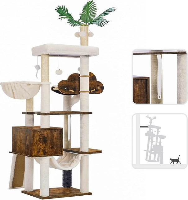 Heybly Wood Cat Tree for Indoor Cats, Cat Condo for Large Cats with Self Groomer,Rustic Brown HCT120SR