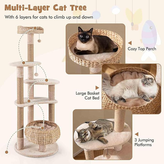 Costway Cat Tree, 164cm Cattail Cat Tower w/Jute Scratching Posts, Basket Bed, Adult Cats