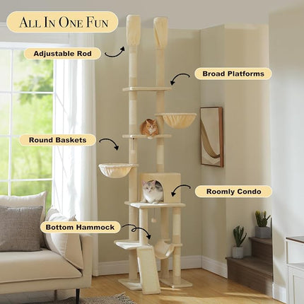 PAWZ Road Floor to Ceiling Cat Tree, 85–112" Tall Cat Tower with Dual Posts