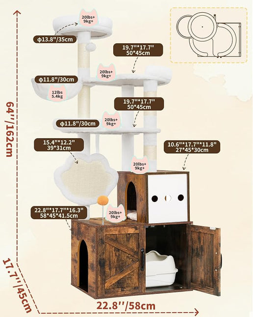 Heybly Cat Tree with Litter Box Enclosure, Modern 162cm Hidden Cat Tower for Indoor Cats, All-in-One Solid Wood Cat Condo with Paw-Shaped Board, Multi-Level Perch & Playzone, Rustic Brown HCT105SR