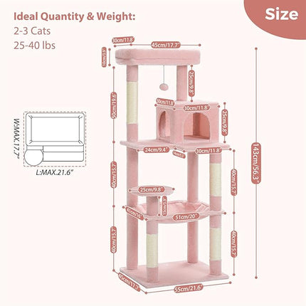 PAWZ Road Cat Tree 143cm Cat Scratching Post Multi-Level Play Tower with a Large Hammock and Top Perch Home Pet Furniture Light Pink