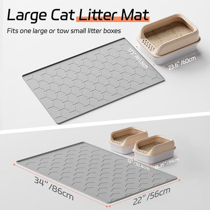 Bulkniu Large Silicone Cat Litter Mat, Waterproof/Urineproof, Litter Recycling, Easy to Clean, Soft on Kitty Paw (22"X34"- Grey)