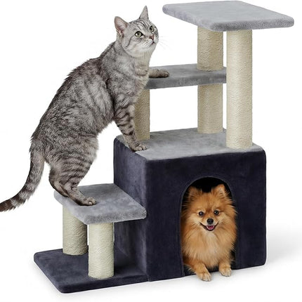 Heybly Cat Scratching Post, Sturdy Pet Stairs & Steps for Indoor Cats and Dogs, Small Cat Tree with Cat Condo,Light Gray