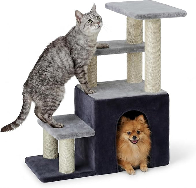 Heybly Cat Scratching Post, Sturdy Pet Stairs & Steps for Indoor Cats and Dogs, Small Cat Tree with Cat Condo,Light Gray
