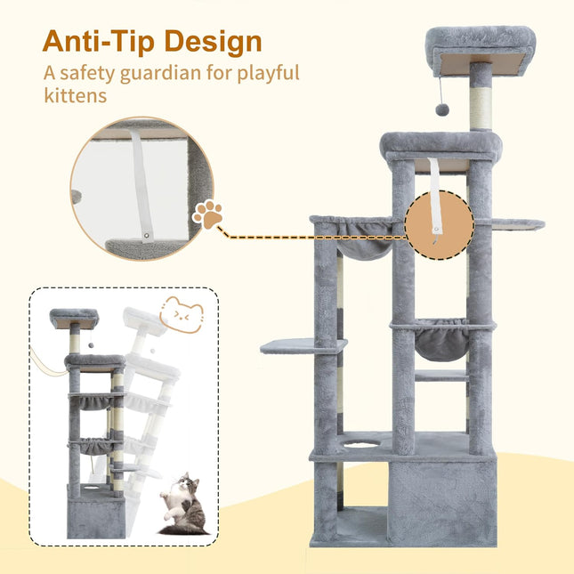 Heybly Cat Tree, 180cm Tall Cat Tower for Large Maine Coon Cats with Extra-Large Baseboard, Light Gray HCT037W
