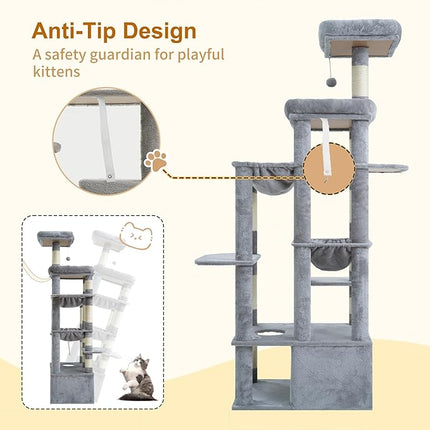 Heybly Cat Tree, 71-Inch Tall Cat Tower for Large Maine Coon Cats HCT037W | Light Gray