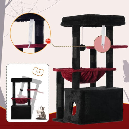 Heybly Cat Tree, Kitten Tower with Large Soft Cat Basket , Black and Red