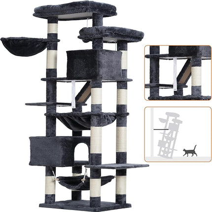Heybly Cat Tree，71-Inch Tall Tower for Indoor Cats with 2 Perches, 2 Big Condos, 2 Hammocks, Basket, Scratching Pad，Large Cat Furniture and Condo, Smoky Gray HCT034G