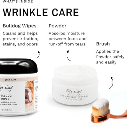 Eye Envy Bulldog Wrinkle Cleaner & Nose Care Kit. Bulldog Wrinkle Wipes, Tear Stain Powder, Applicator Brush & Dog Nose Balm. Cleans Skin Folds. Removes Stains. Helps Cracked Noses. Made in USA