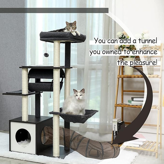 PAWZ Road Cat Tree Cat Scratching Post with a Large Hammock Play Tower, Play Tunnel Wooden Furniture Cat Stand 130cm Grey