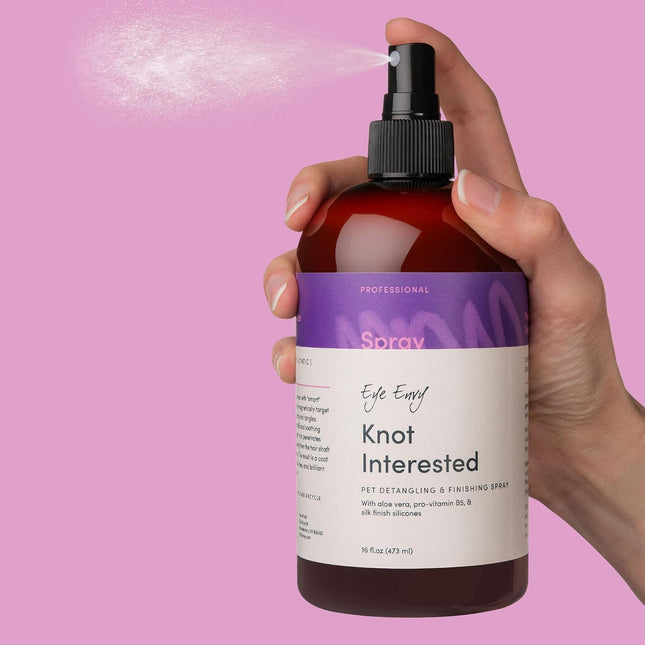 Eye Envy Knot Interested Dog Detangling Spray. Professional Leave-in Grooming Spray. Helps Release Knots, Mats & Tangles. Instant Slip. High Shine. Anti-Static. Made in USA. 16 fl.oz/118 ml