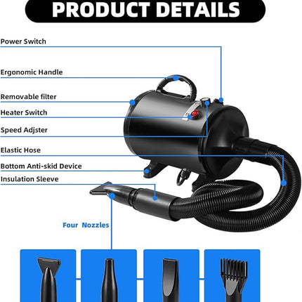 Dog Hair Dryer, 2800 W Professional Blower Dog Dryer, Adjustable Speed and Heat, Pet Dryer, Dog Grooming Dryer with 4 Different Nozzles (Black)