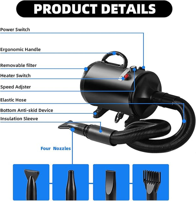 Dog Hair Dryer, 2800 W Professional Blower Dog Dryer, Adjustable Speed and Heat, Pet Dryer, Dog Grooming Dryer with 4 Different Nozzles (Black)