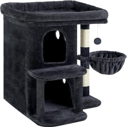 Heybly 26.3" Cat Tree for Large Cats with Big Perch & Dual Condos HCT204SG | 26.3-inch Spacious Cat Tower with Scratching Posts, Stair-Style Cat House Furniture with Cozy Basket & Pompom, Smoky Gray