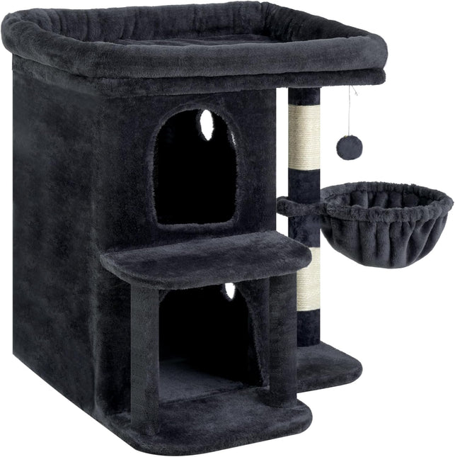 Heybly 26.3" Cat Tree for Large Cats with Big Perch & Dual Condos HCT204SG | 26.3-inch Spacious Cat Tower with Scratching Posts, Stair-Style Cat House Furniture with Cozy Basket & Pompom, Smoky Gray