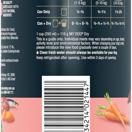 MY DOG Adult Wet Dog Food Sardines, Tuna and Spring Vegetable 400g Can, 24 Pack
