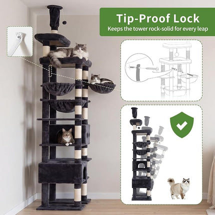 Heybly Floor to Ceiling Cat Tree, Large Cat Tower, 2 Cat Condos, Smoky Gray