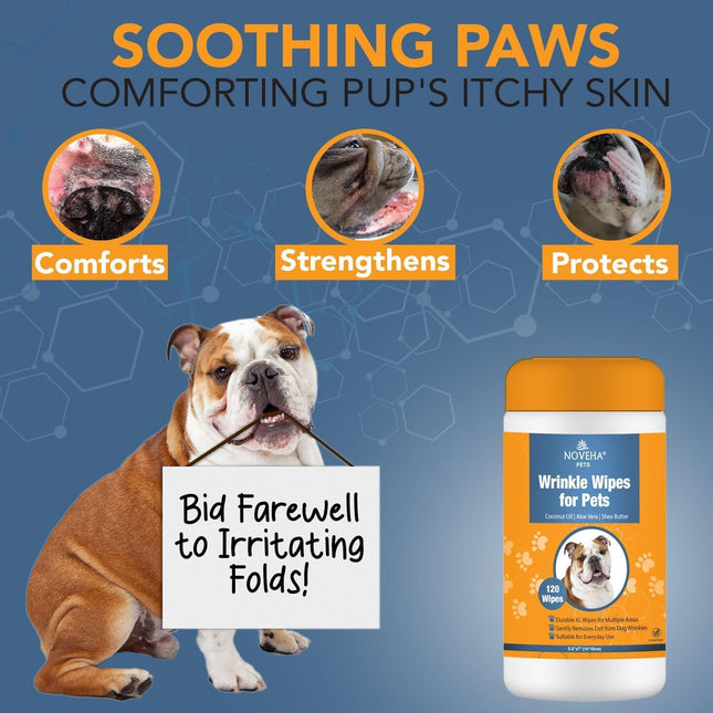 NOVEHA 5”x7” Large Dog Wipes | Wipes for Bulldog, French Bulldog, Pug, English Bulldog | Deodorizing