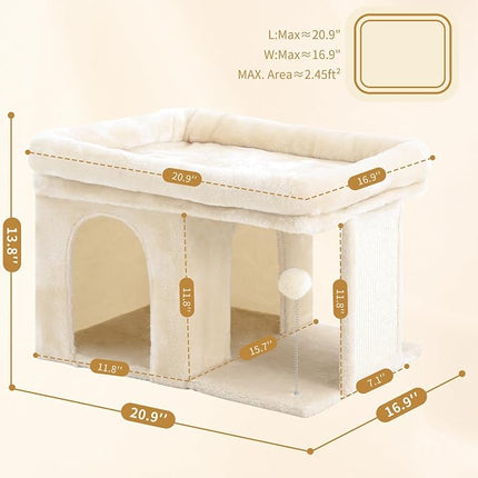 Heybly Cat Tree, 14" Cat Tower with Large Cat Bed & Condo HCT203SM | Cat Furniture for Indoor Cats Large Adult and Kittens, Beige