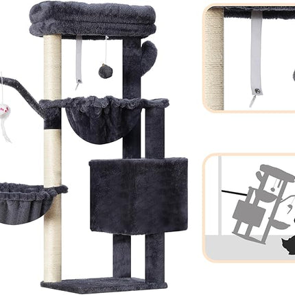 Heybly Cat Tree, 100 cm Small Cat Scratching Post with Large Platform, Cave 2 Hammocks