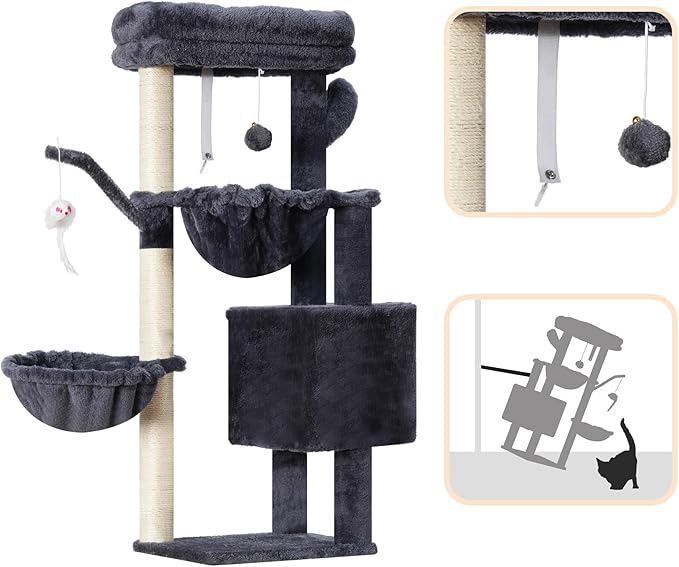 Heybly Cat Tree, 100 cm Small Cat Scratching Post with Large Platform, Cave 2 Hammocks