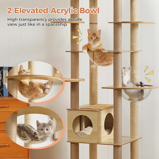 PAWZ Road Cat Tree, 180cm Wood Large Cat Tower with 2 Acrylic Nests, 10 Sisal Covered Scratching Posts, Condo House and Spacious Top Perch for Large Cats