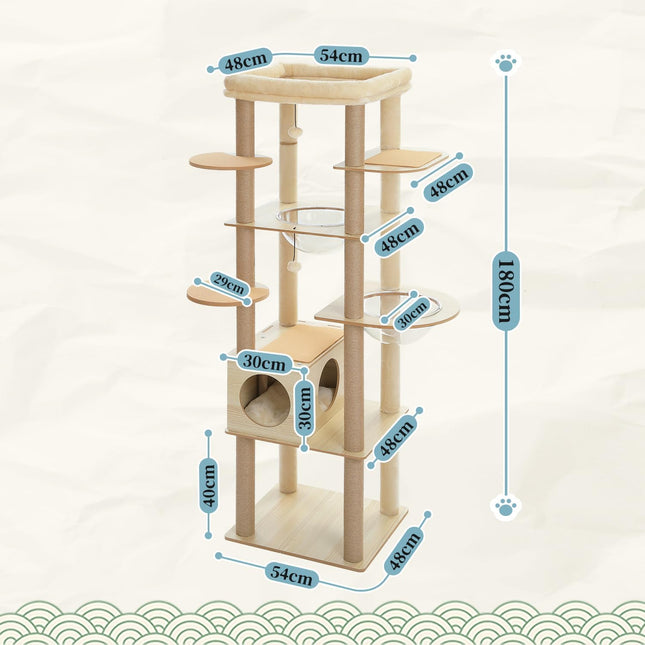 PAWZ Road Cat Tree, 180cm Wood Large Cat Tower with 2 Acrylic Nests, 10 Sisal Covered Scratching Posts, Condo House and Spacious Top Perch for Large Cats