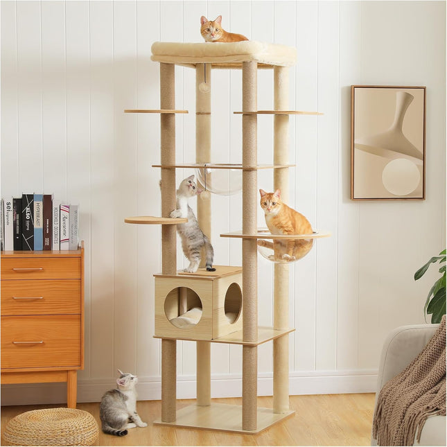 PAWZ Road Cat Tree, 180cm Wood Large Cat Tower with 2 Acrylic Nests, 10 Sisal Covered Scratching Posts, Condo House and Spacious Top Perch for Large Cats