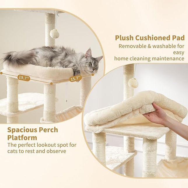 Heybly Cat Tree, 180cm Tall Cat Tower for Large Maine Coon Cats with Extra-Large Baseboard, Beige HCT037M