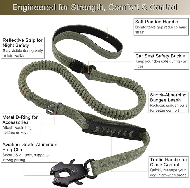 STAVAN Dog Leash for Large Dogs, 4-6FT Heavy Duty No Pull Bungee Shock Absorbing Tactical Leash with 2 Padded Handles, Quick Release Carabiner & Seatbelt Clip (Purple)