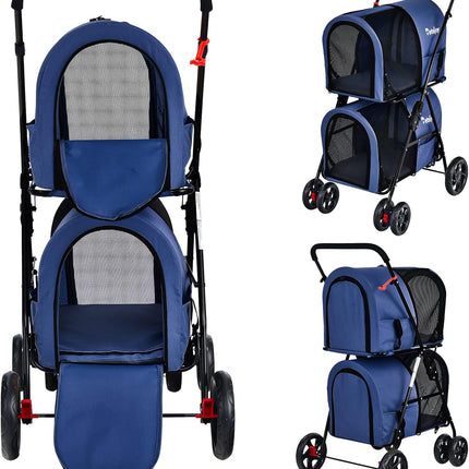 4-in-1 Double Layer Pet Stroller, Foldable Cat Dog double Stroller on Wheels w/ 2 Detachable