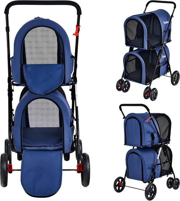 4-in-1 Double Layer Pet Stroller, Foldable Cat Dog double Stroller on Wheels w/ 2 Detachable