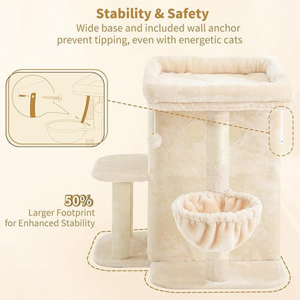 Heybly Cat Tree, 65cm Cat Tower with Spacious Top Perch for Large Cats, Beige