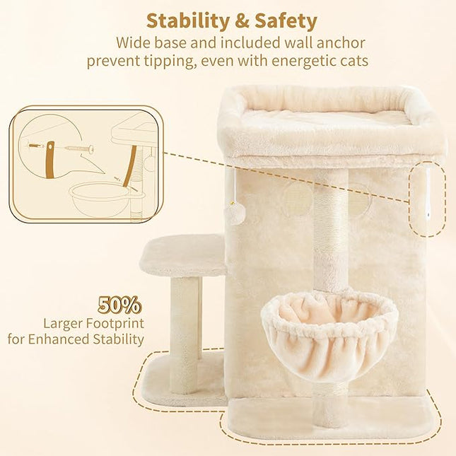 Heybly Cat Tree, 65cm Cat Tower with Spacious Top Perch for Large Cats, Beige