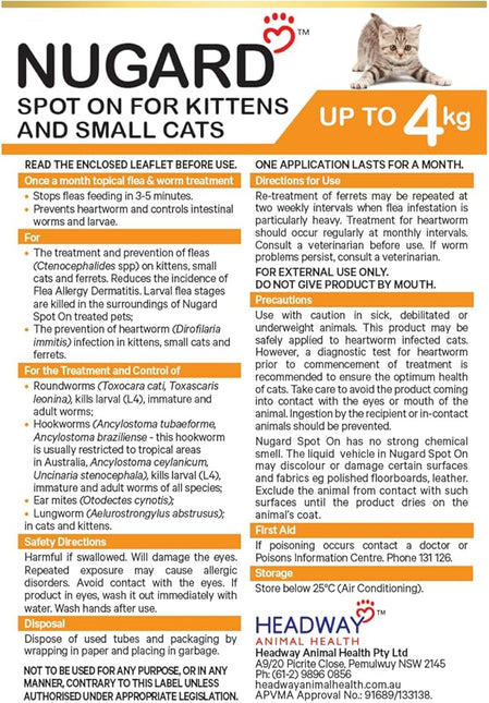 NUGARD Spot On for Kittens and Cats up to 4 kg - Flea & Worm Protection 6-Pack - Vet Recommended Fast-Acting Waterproof Topical Solution with IMIDACLOPRID 100g/L per Carton, MOXIDECTIN 10g/L