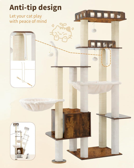 Heybly Cat Tree, 70.5 Inch Wood Tall Cat Tower for Large Indoor Cats with Extra , Rustic Brown