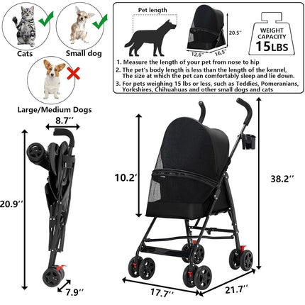 Pet Stroller with Mesh Ventilation, Lightweight Foldable Design, Black