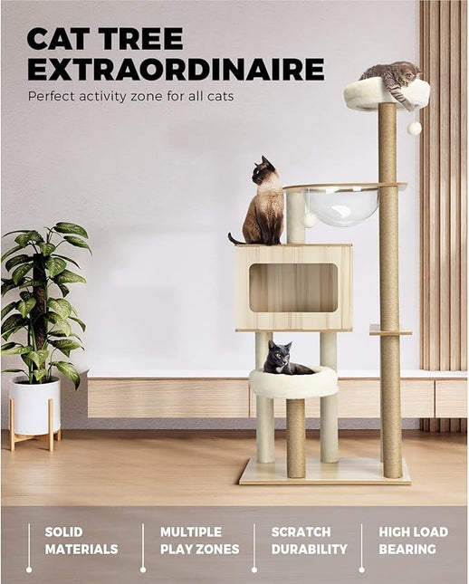 Cat Tree with Cat Scratching Post Pole Sisal Scratcher Cat Tower Dens Condo Kitty Dens Activity Stand Safe Hideaway 142cm Height,Beige