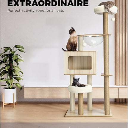 Cat Tree with Cat Scratching Post Pole Sisal Scratcher Cat Tower Dens Condo Kitty Dens Activity Stand Safe Hideaway 142cm Height,Beige