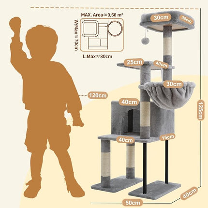 Heybly HCT200SW Cat Scratching Post, 125 cm, Small Cat Tree, Spacious and Comfortable,Light Grey
