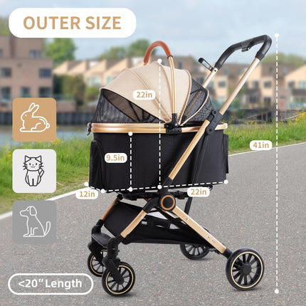 3 in 1 Pet Stroller with 4 Wheels, Foldable Pet Travel Carrier for Small/Medium Dogs Cats up to 50lbs, Detachble Portable Cat Bag, Storage Basket
