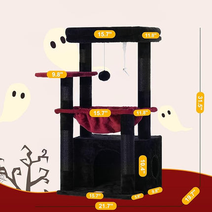 Heybly Cat Tree, Kitten Tower with Large Soft Cat Basket , Black and Red