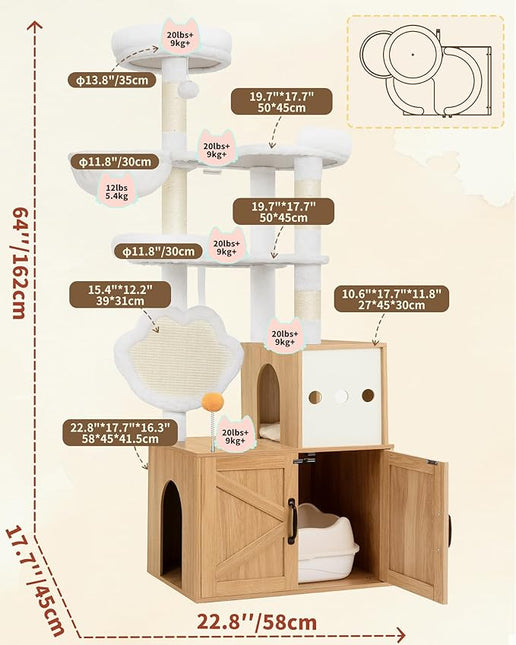 Heybly Cat Tree with Litter Box Enclosure, Modern 162cm Hidden Cat Tower for Indoor Cats,White Oak HCT105BT