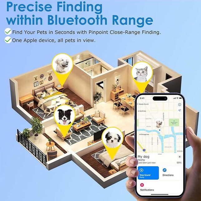Pet Tracker for iPhone(iOS Only), Bluetooth Item Finder Works with Apple Find My, Pet Location Tracker with Collar Holder, IP68