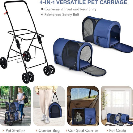4-in-1 Double Layer Pet Stroller, Foldable Cat Dog double Stroller on Wheels w/ 2 Detachable