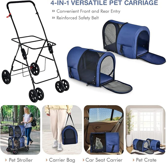 4-in-1 Double Layer Pet Stroller, Foldable Cat Dog double Stroller on Wheels w/ 2 Detachable