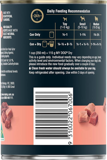 MY DOG Adult Wet Dog Food Beef and Veal, Small/Medium, 400g Can, 24 Pack