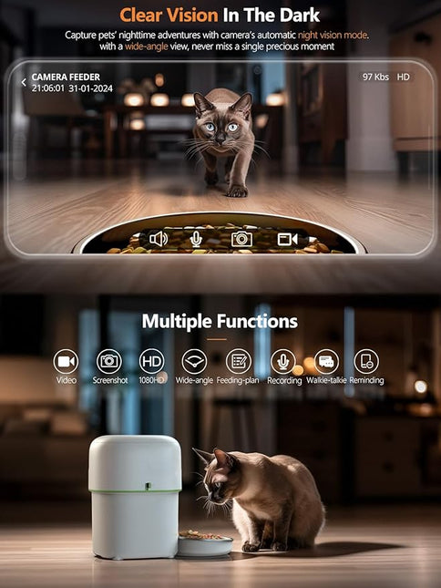 Yuposl Automatic Cat Feeder with Camera, 2L Automatic Cat Feeder, 5G WiFi APP Control, 1080P HD Video Night Vision, 1-16 Meals, 1-99 Portions
