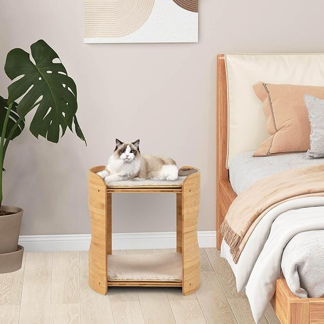 Costway 2-Tier Cat Tower for Indoor Cats, Cute Bamboo Cat Tree w/Double Beds