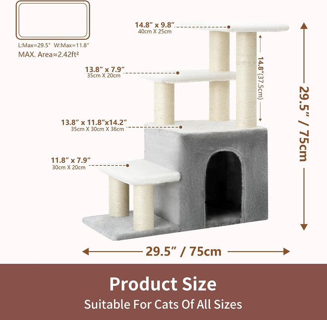 Heybly Cat Scratching Post, Sturdy Pet Stairs & Steps for Indoor Cats and Dogs, Small Cat Tree with Cat Condo,Light Gray